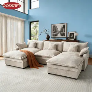 OOSWIFT 108-Inch Oatmeal U-Shaped Modern Large Modular Sectional Sofa Cloud Sofa, Comfortable Chenille Deep Seat Sofa Bed (with 5 Throw Pillows), for Living Room, Bedroom, Apartment, 5-Seater