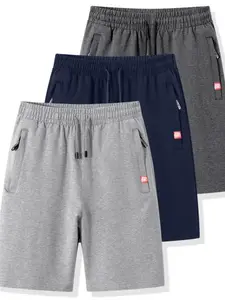 Men's Three-Piece Casual Gym Shorts, Zipper Pockets & Drawstring Waist, Breathable Fabric, Soft & Lightweight, Summer Beach Travel, Fitness Shorts, Summer Sports Shorts, Lightweight Workout Shorts, Casual Sporty Shorts
