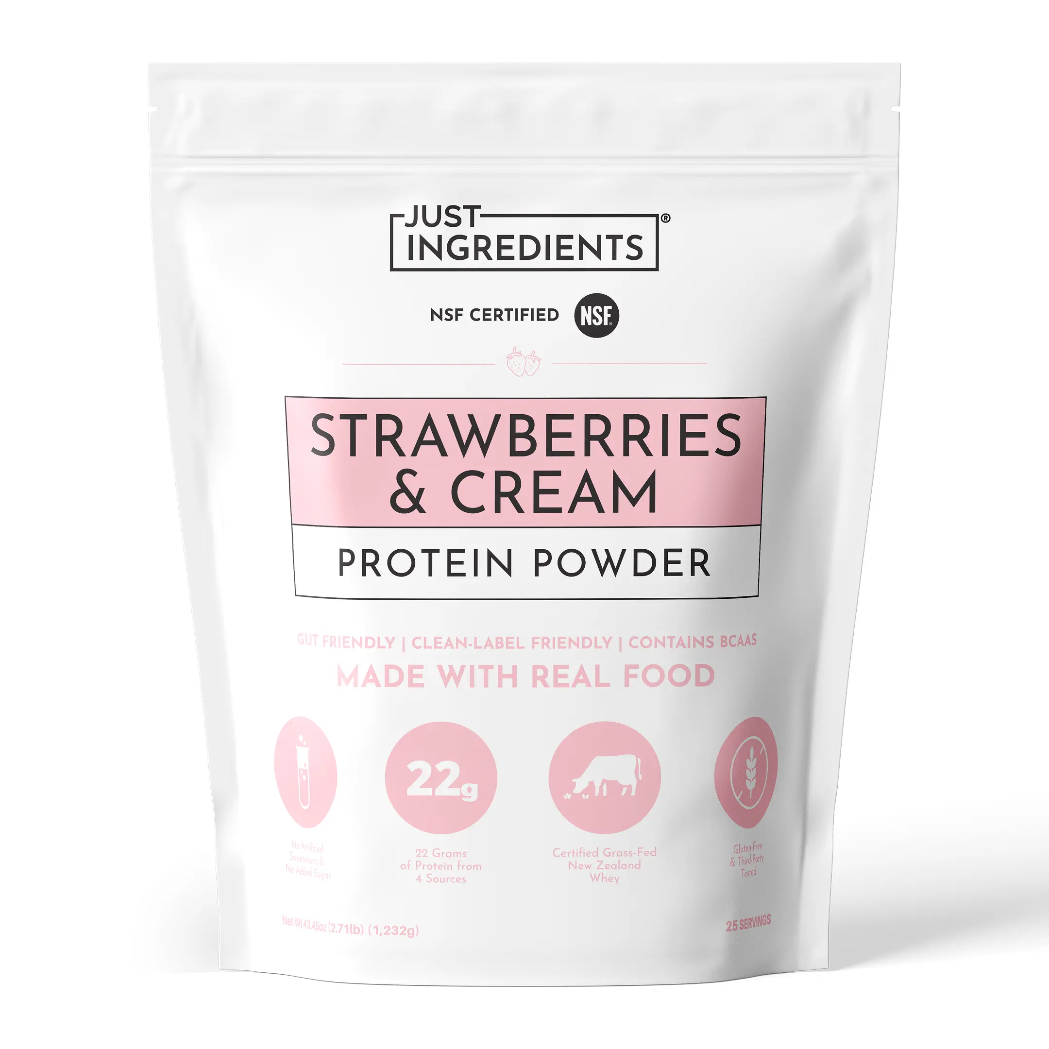 Just Ingredients Strawberries & Cream Protein Powder - 25-Serving Blend with 100% Grass-Fed Whey & Organic Plant Proteins – Real Strawberry Flavor – Supports Muscle Recovery, Energy*