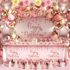 Rose Gold Birthday Party Decoration Pack for Girls and Women-Happy Birthday Pink Party Supplies (Banner, Backdrop, Tablecloth, Fringe Curtains, Balloons, Garland, Paper Tassels, Paper Pompoms)