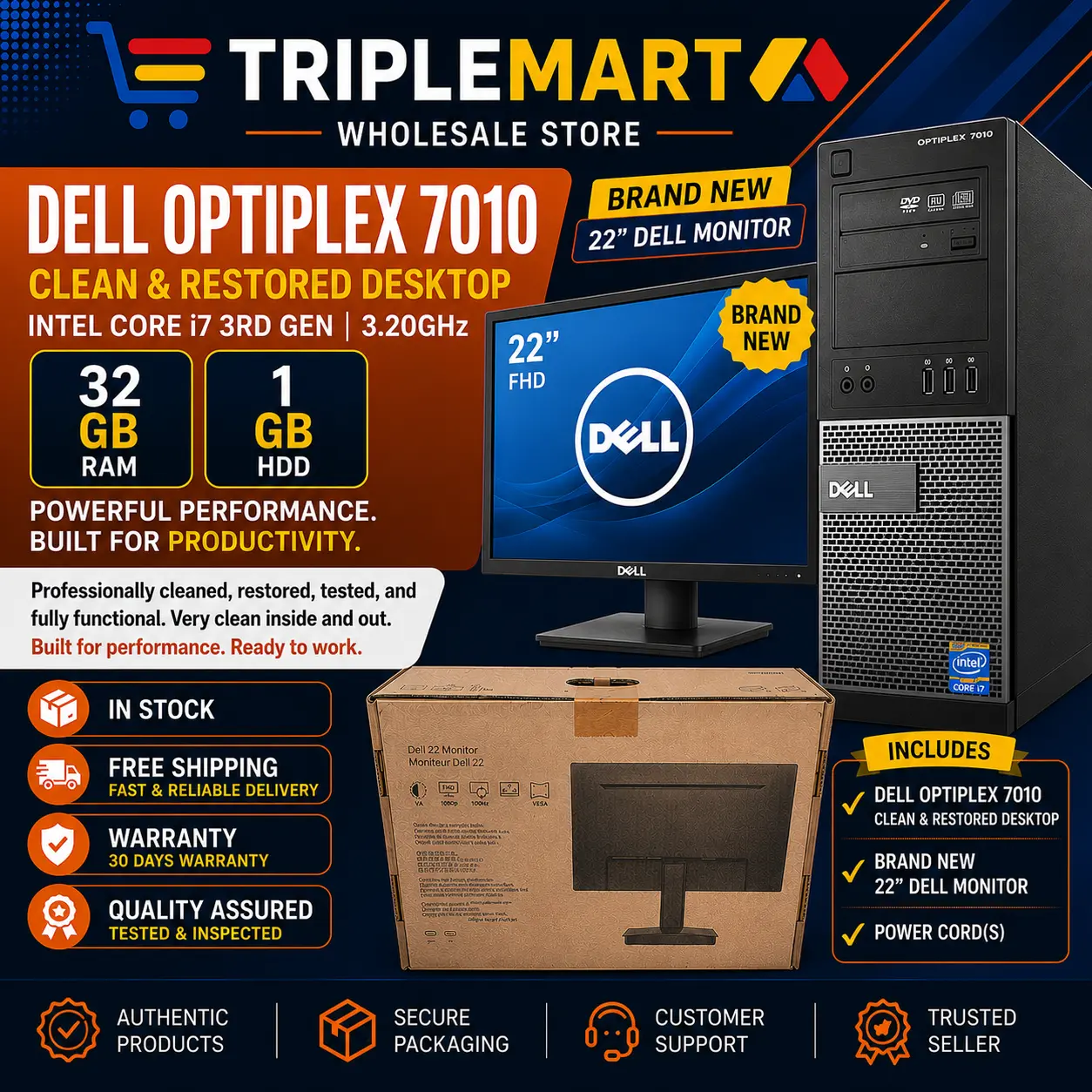 Dell OptiPlex 7010 Clean & Restored Desktop Computer – Intel Core i7 3rd Gen | 3.20GHz | 32GB RAM, 1 GB HDD with Brand New 22" Dell Monitor