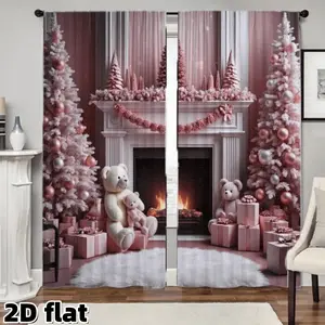 2D Flat 2Pcs Christmas Snow Curtains Pink White Tree Print Thermal Insulated Curtain Panels Rod Pocket Design Holiday Theme Room Darkening Drapes for Living Bedroom Winter Home Decor Window Treatment Gift Sets Window Decorations Supplies