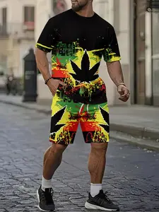 Street trendy cool reggae style men's 3D digital printed Top two-piece set, 2Pcs, trendy fashion set, trendy retro casual two-piece set, vacation style trendy outfit, breathable sporty casual style, Tropical, a perfect holiday gift for men