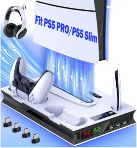 PS5 Stand and Cooling Station with Controller Charging Station for PS5 Slim/PS5/PS5 Pro, PS5 Accessories Incl,3 Levels Cooling Fan, 3 USB Hub, Headset Holder, Media Slot for PS5 Slim&PS5 Disc/Digital Console