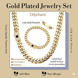 [New Upgraded Set] 14K Gold-Plated Cuban Necklace & Bracelet Set with White Stone Inlay Anti-Rust Waterproof 6mm-14mm Sizes Perfect Gift for All Occasions