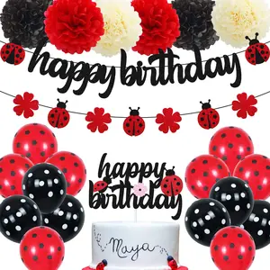 Ladybug Birthday Decorations Ladybird Happy Birthday Banner Ladybeetle Cake Topper Black Red Latex Balloon Pom Pom Flowers For Ladybug Theme Bday Party Supplies
