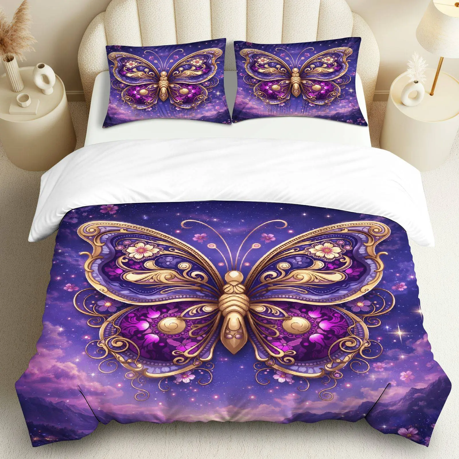 3PCS Duvet Cover Set, 1 Duvet+2 Pillowcases(Without filler), Butterfly Galaxy Floral Fantasy Purple Gold theme, Christmas bedding set, Luxurious Elegant Dreamy Suitable for decoration Bedroom, Guest Room, Hotel, Living Room.