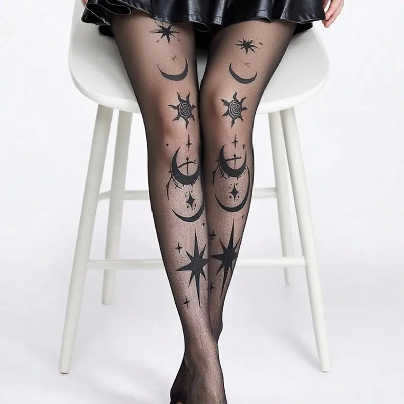 Women's 20D Star Moon Print Design Stockings, Anti-Pilling Long Socks, Sexy High Waist Silky Pantyhose, Tights, Comfortable & Stylish Legwear