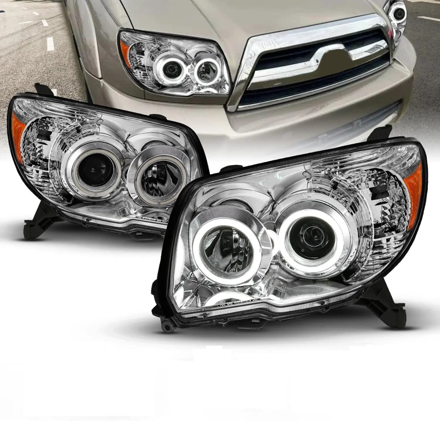 AmeriLite For 2006-2009 Toyota 4 Runner Chrome Xtreme LED Halos Projector Headlights Pair - Driver and Passenger Set