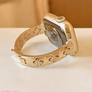 Women's Slim Gold Metal Wearable Chic Wristband, Hollow Floral-Rhinestone Geometric Design, Tool-Free Adjustable Sports & Outdoor DIY Bag Accessory, Compatible with All Smart Watch Series & Sizes