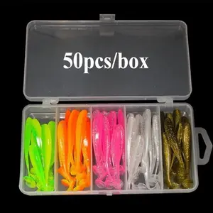 150/100/50pcs Silicone Fishing Lure Set, Fishing Gear Set, T Type Tail Double Color Fishing Lure with Round Head Hook & Portable Tackle Box, Professional Fishing Accessories, Fishing Tackle Kit