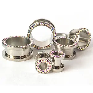 PAIR Aurora Borealis Gem Rimmed 316L Surgical Steel Screw Fit Tunnel Plug Gauges