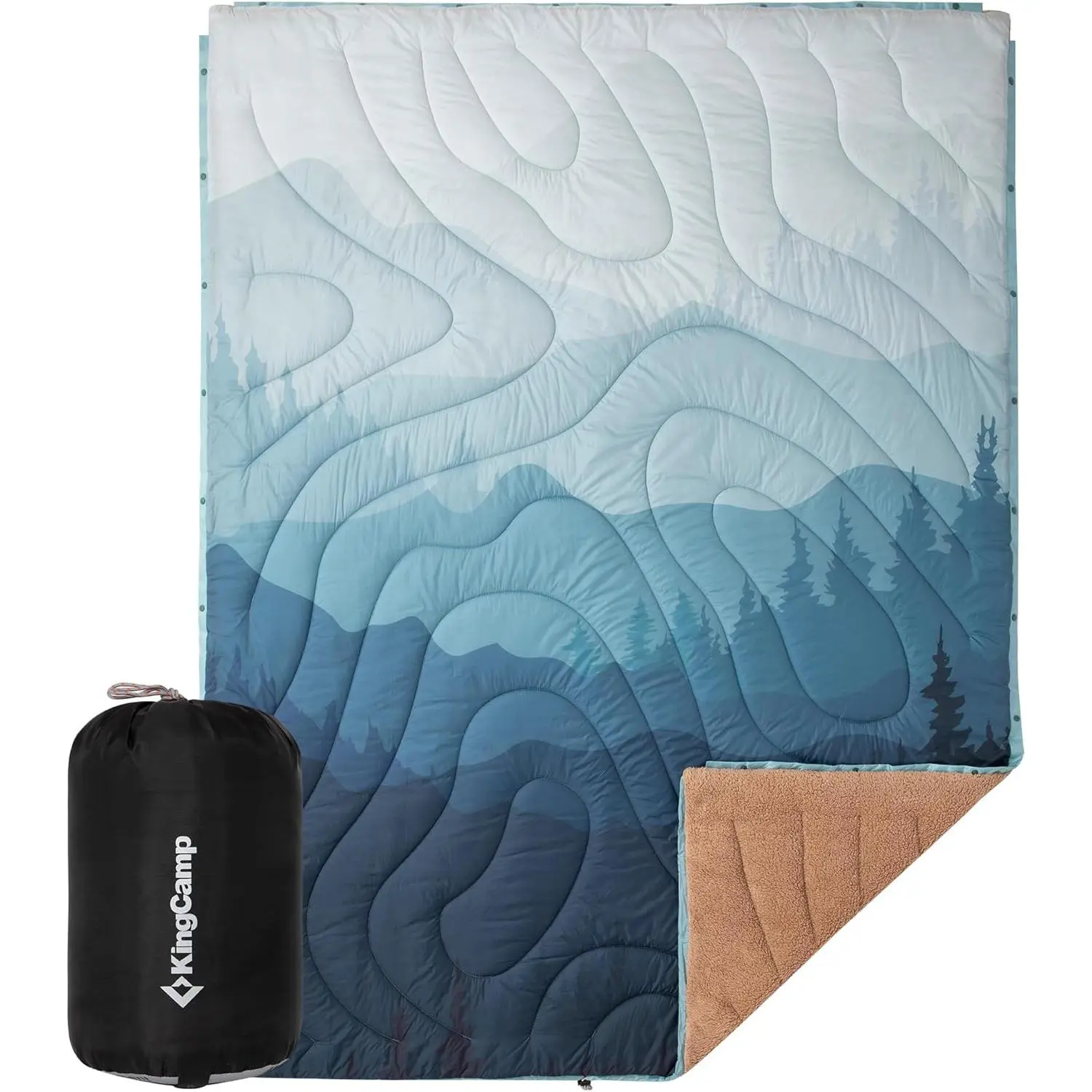 KingCamp Extra Large Sherpa-Lined Camping Blanket - Wearable Packable Puffy Thermal Portable Blanket with Snap Buttons, Water-Resistant, Windproof, Warm Down-Alternative Quilt, Ultra Light for Travel, 79"x57" Cyan, Portable Blankets, Thermal Portable Blan