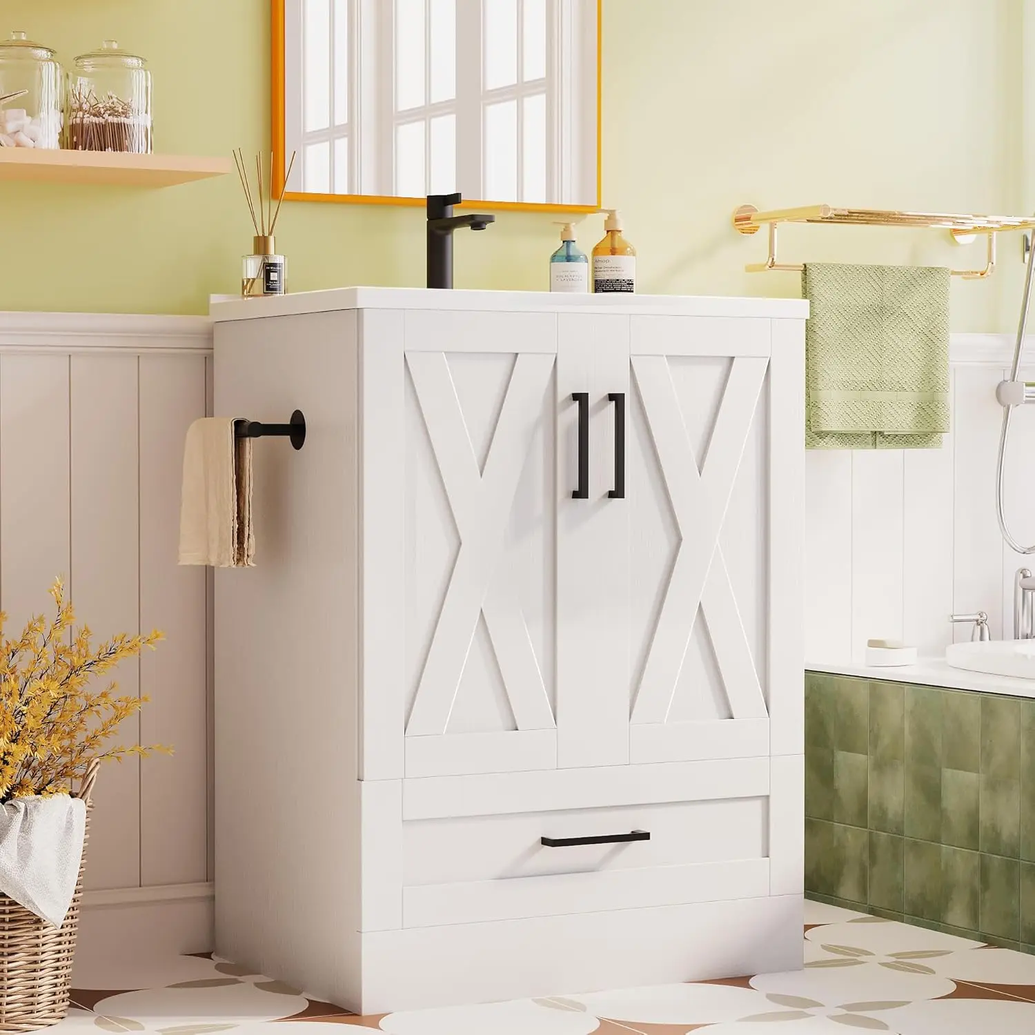 【Limited time deal】BM-CBX 24" Bathroom Vanity with Sink, Bathroom Storage Vanity Sink Cabinet with 2 Doors & 1 Drawer Space, Farmhouse Wooden Free Standing Bathroom Cabinet with Sink Combo, Easy Assembly (White)