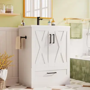 【Limited time deal】BM-CBX 24" Bathroom Vanity with Sink, Bathroom Storage Vanity Sink Cabinet with 2 Doors & 1 Drawer Space, Farmhouse Wooden Free Standing Bathroom Cabinet with Sink Combo, Easy Assembly (White)