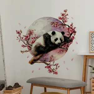 A set (30cm*60cm*2 pieces) of ink painting moon, peach blossom tree and panda wall stickers for beautifying home, living room, bedroom and bathroom backgrounds. Wall sticker decorative stickers, self-adhesive, M16636