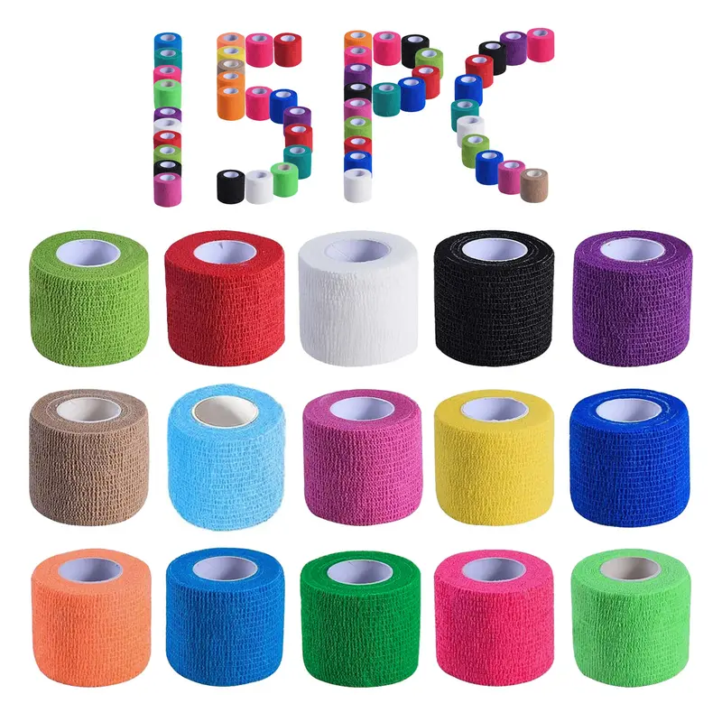 Unisex Self-Adhesive Cohesive Bandage Wrap Set - 2 in x 5 yds Breathable Elasticity Adjustable Sports Tapes,15 Pcs Mix Colors Portable for Ankle/Wrist Support, Pet Care