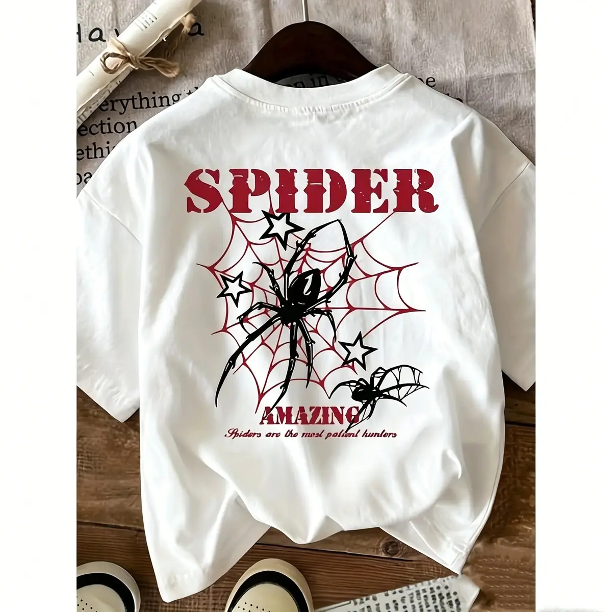 Cotton Spider Patterned T-shirt Spider Wonder Design Unisex Short Sleeve Top Red Spider Webs Black Spiders Casual Round Neck Womens Summer Top Streetwear Women Men Stylish Clothing