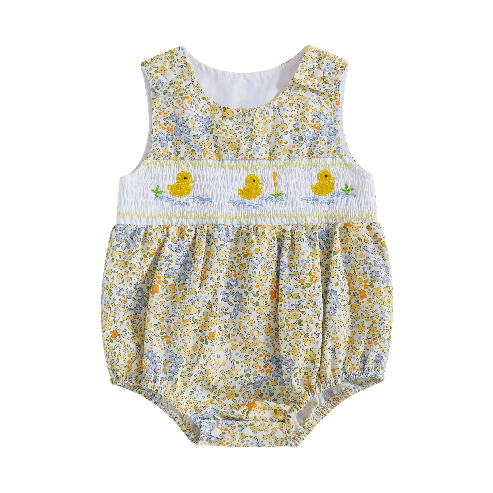 Infant Baby Girl Duck Embroidery Romper Infant Smocked Sleeveless Round Neck Sweet Floral Jumpsuit 0-18 Months