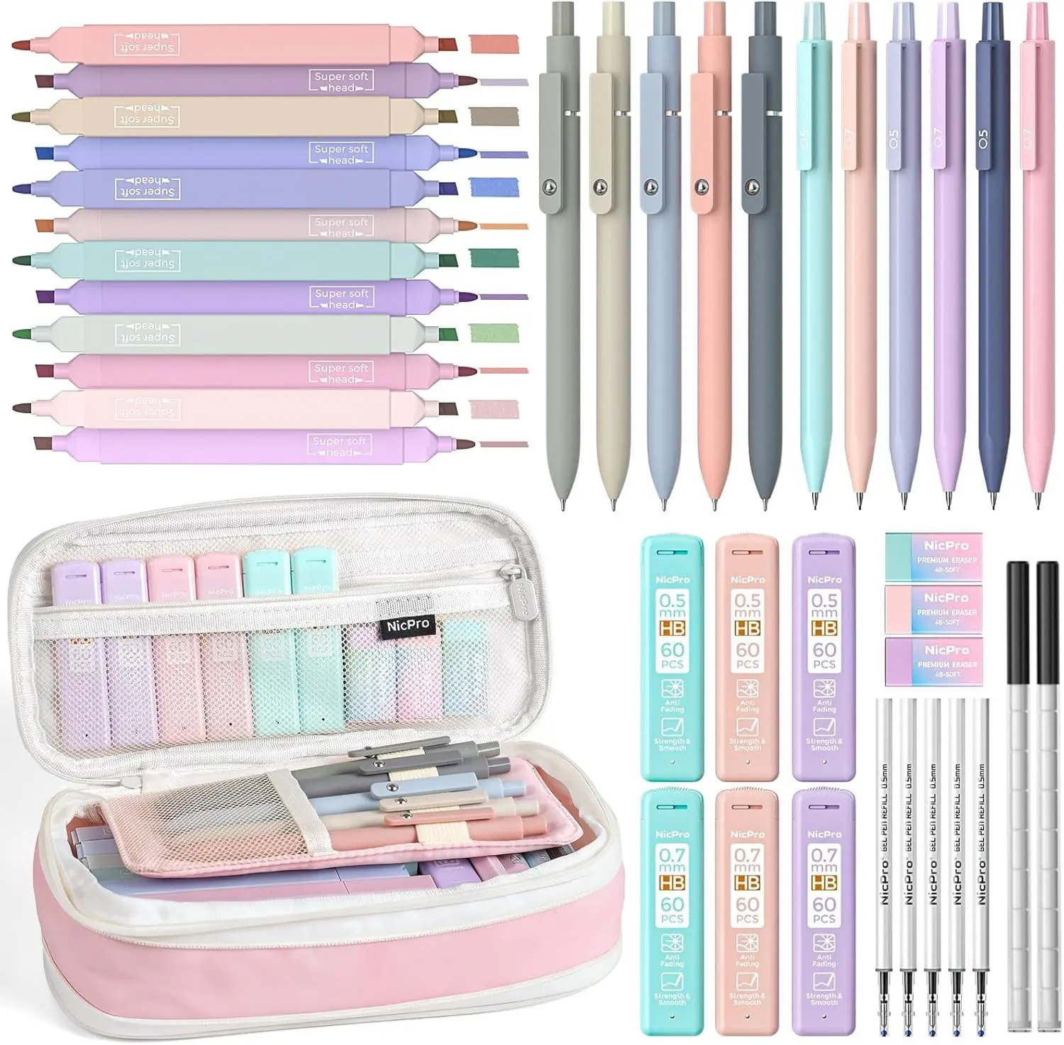 Nicpro School Supplies Stationary Set with Pencil Case, 39 PCS Pink | Back to Schoo Supplies, Pen Case with 12 Highlighter, 5 Gel Pen, 6 Mechanical Pencil, Essentials for College, Nursing Student Gift
