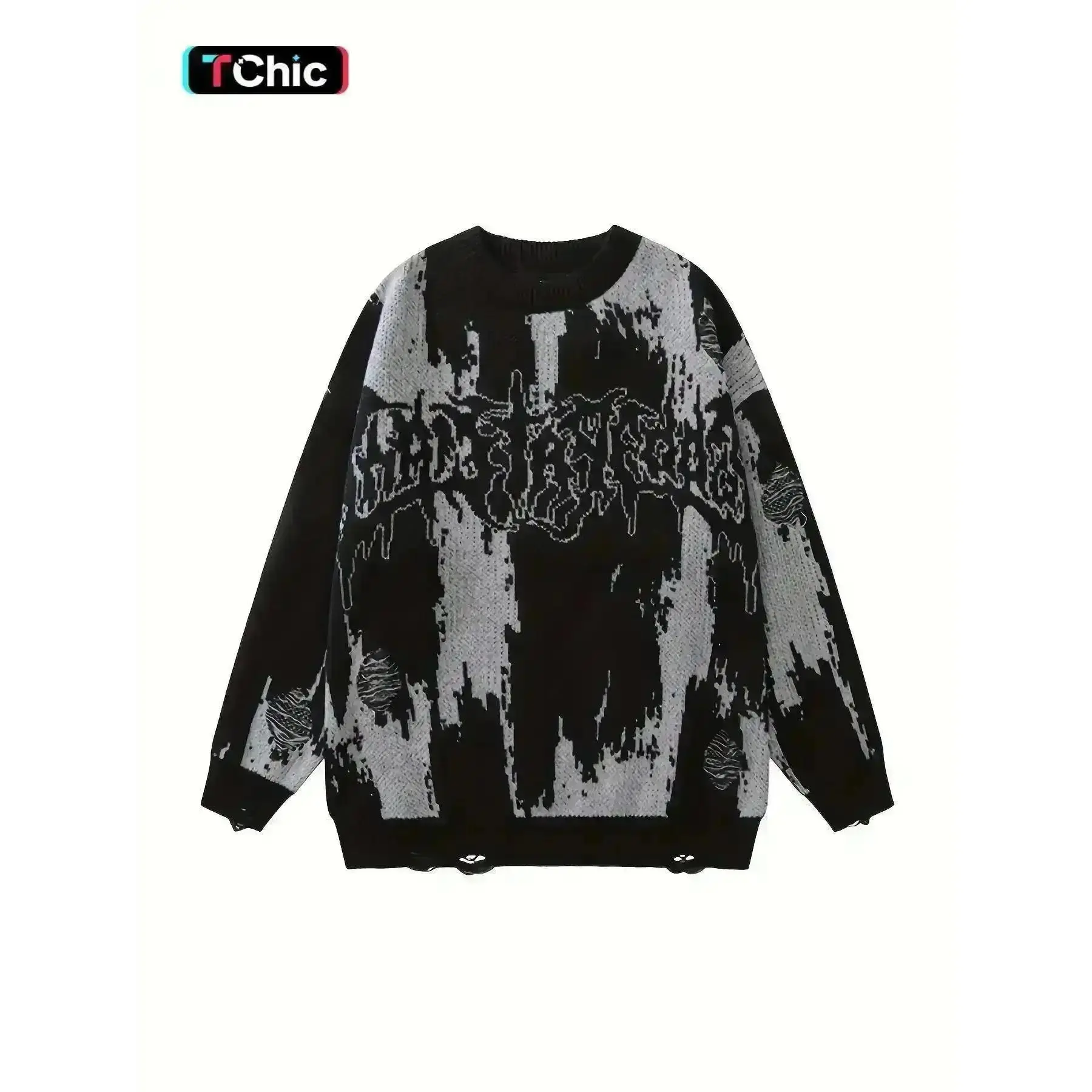 Women's Colorblock Letter Print Ripped Sweater Drop Shoulder Long Sleeve Round Neck Knit Pullover 2026 Streetwear, street style, wardrobe staple, must have item, everyday wear, essential piece, trendy stylish winter