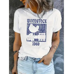 Women’s Summer Casual Short Sleeve Tee – Woodstock 1969 Vintage Graphic, Comfortable Stretch Fit, Boho Retro Street Style