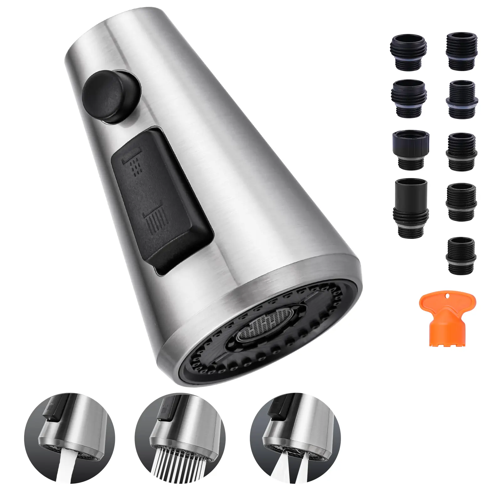 WOWOW Brushed Nickel 1/2 in. Universal Fit Pull Down Faucet Sprayer Head - 3-Spray Mode, 9 Adapters, Faucet Sprayer Attachment for Food Flushing