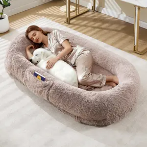 YJ-Garvee 67-Inch Human Dog Bed for Adult & Pets, Removable Faux Fur Human Dogs Bed with Portable Handle, Side Pockets, Egg-Shaped Orthopedic Foam. Large Dog Bed for Living Rooms, Bedrooms, and Offices，Milk coffee color