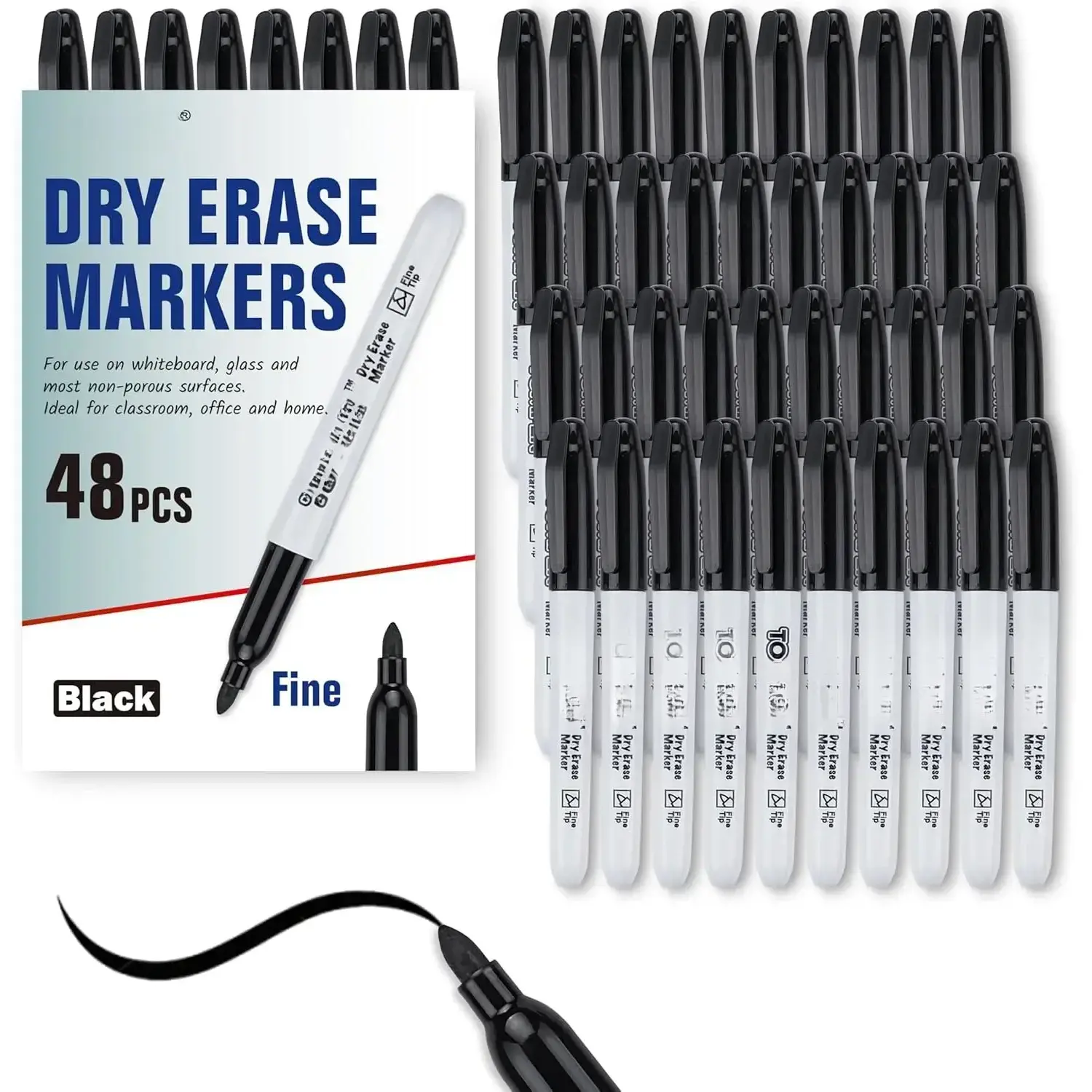 48-Count Bulk Fine-Tip Dry Erase Markers, Black Low-Odor Quick-Drying Smudge-Free Ink, Easy-Erasing Whiteboard Markers for Classrooms, Students, Office Use