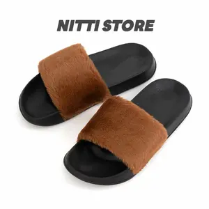 Nitti Store Women's Faux Fur Slides Cute Fuzzy Slippers Comfort Flat Sandals Short Fluffy Slippers Girl Soft Open Toe Arch Support  Spring Autumn Winter