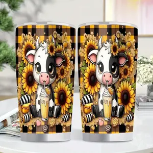 1pc Cute Cow & Sunflower Insulated Stainless Steel Tumbler - 20oz Leakproof Travel Mug with Cute Cow & Sunflower Design, BPA-Free Double-Wall Vacuum Insulation, Spill-Proof Lid & Straw Slot, 304 Stainless Steel Cup for Home, Office, Camping
