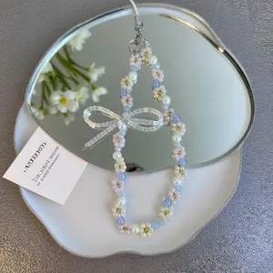 Pink bow small floral chain wrist phone chain lanyard key camera anti-loss accessory beads decoration Phone Charm