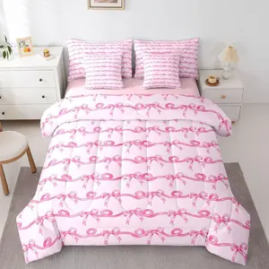 Feelyou 7-Piece Soft Bedding Set - Pink Bow Coquette Ribbon Bow Comforter, Striped Sheets, Breathable Soft Blanket, Kawaii Preppy Design for Girls