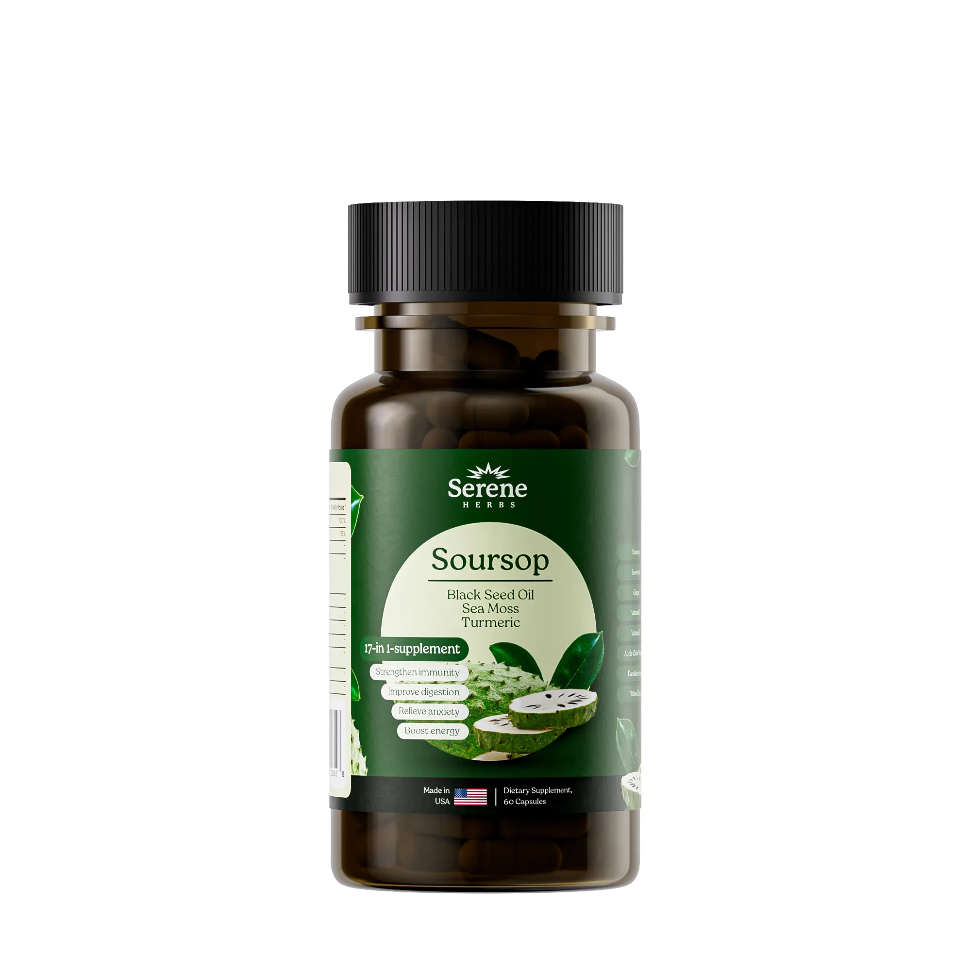 Serene Herbs 17-1: Sea Moss, Black Seed Oil 4000mg, Soursop 4000mg, Ashwagandha 2000mg, Turmeric, Bladderwrack, Burdock, Vitamin C & D3, Dandelion Root, Ginger- Herbal Supplement for Immune Support & Wellness(60 Count)