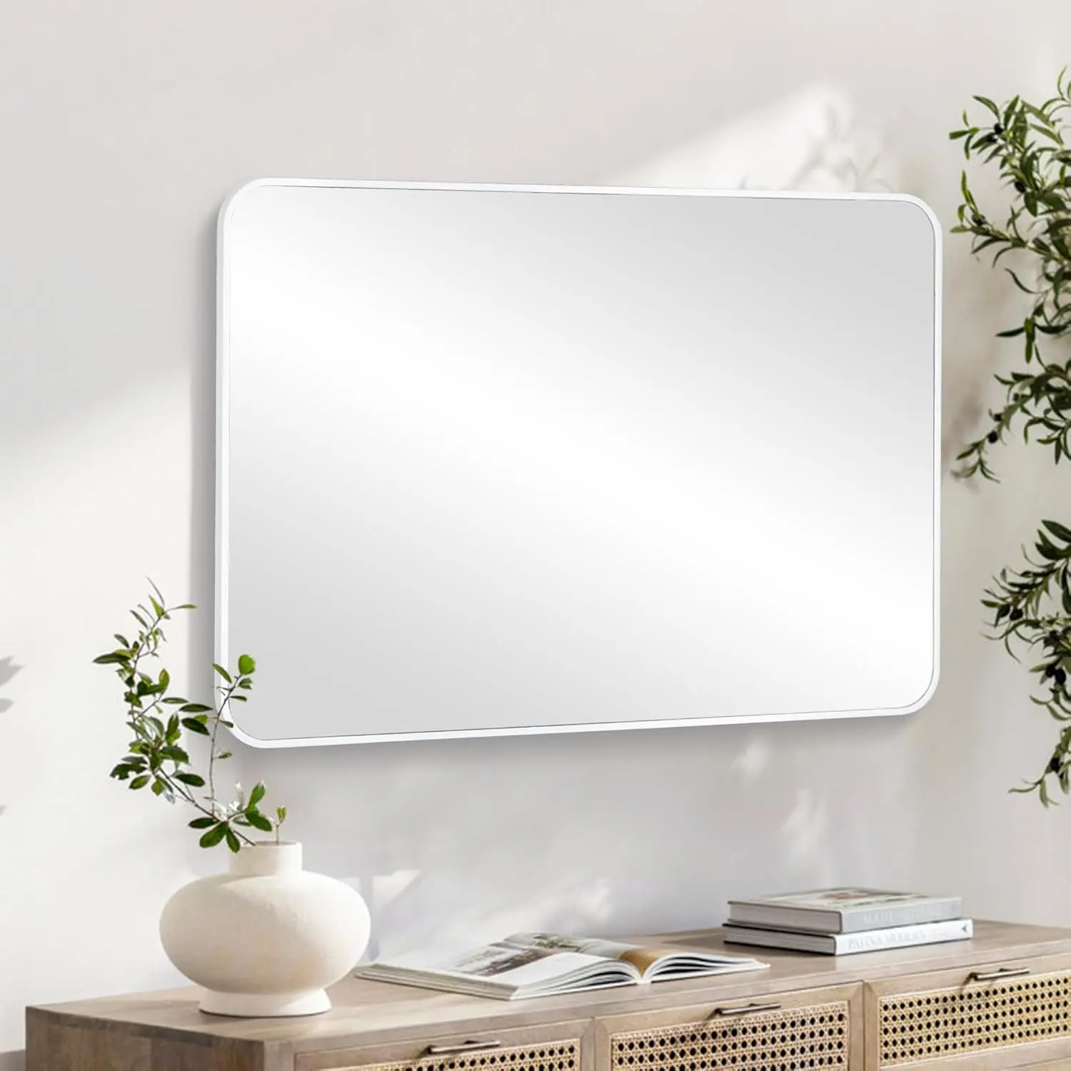 24x36 Inch Rectangle Tempered Glass Bathroom Wall Mirror - Minimalist Elegant Border, Reflective Synthetic Vanity Mirror, Space Saver with Hanging Installation for Bathroom, Bedroom, Living Room