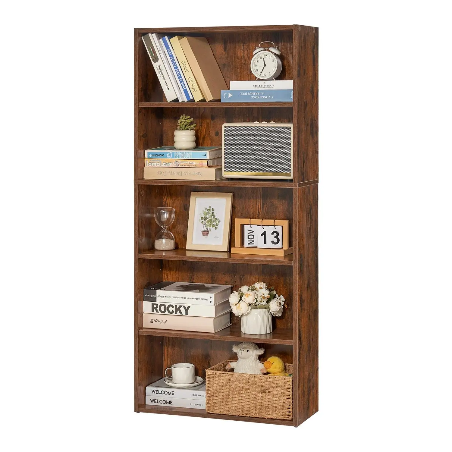 VEVOR 5-Tier Narrow Wooden Open Bookshelf, 23.5 x 9.3 x 53.0 in Stable Open Shelving with Height-Adjustable Shelf & 5 Compartments, Freestanding Assembly-Required Storage for Bedroom, Living Room, Brown