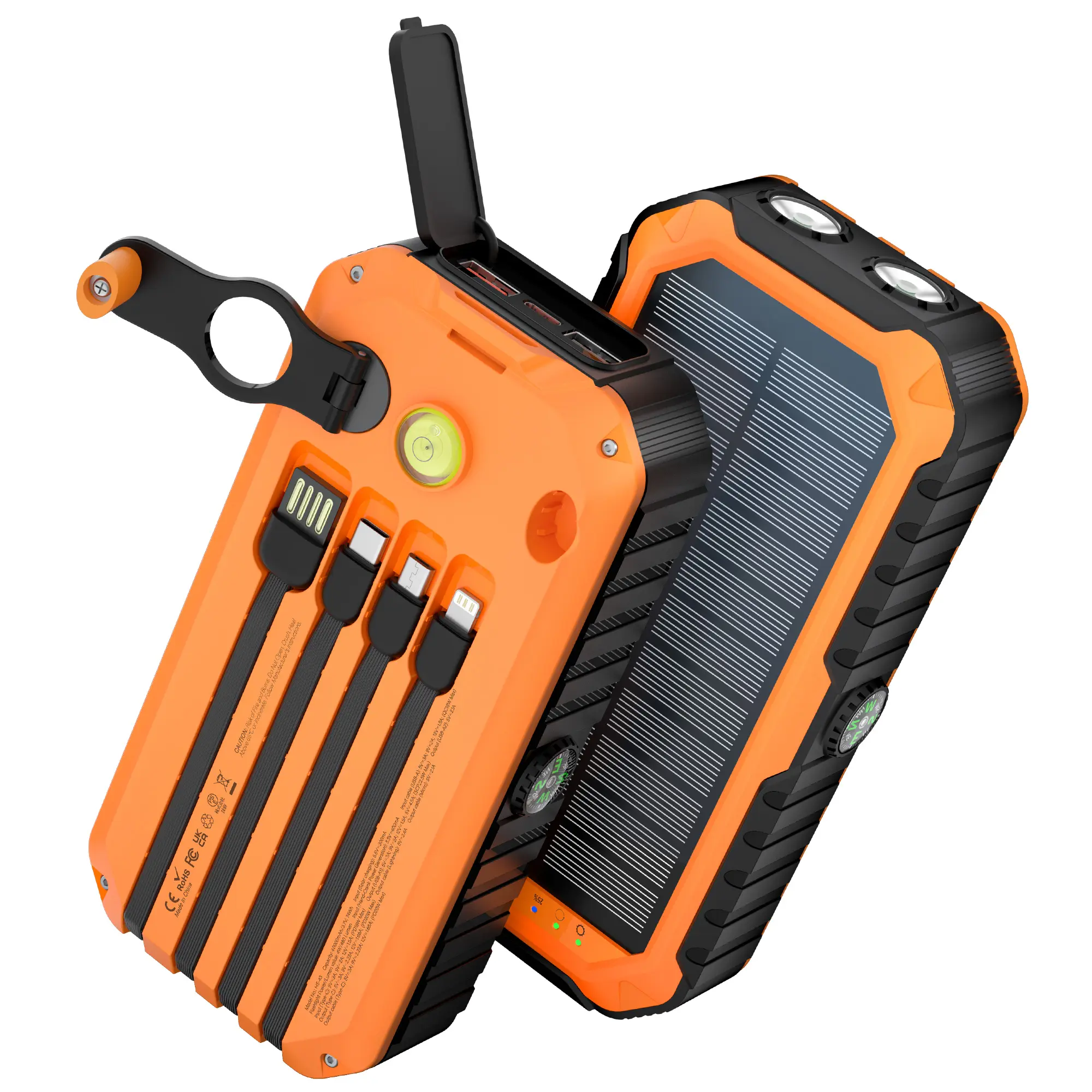 40000mAh solar hand-crank universal power bank charger, built-in 4 cables, 6 output ports, 3 input ports, USB‑C PD20W fast charging, powerful flashlight, compass, lighting, type-c, micro, usb-a cables for iphone and Android