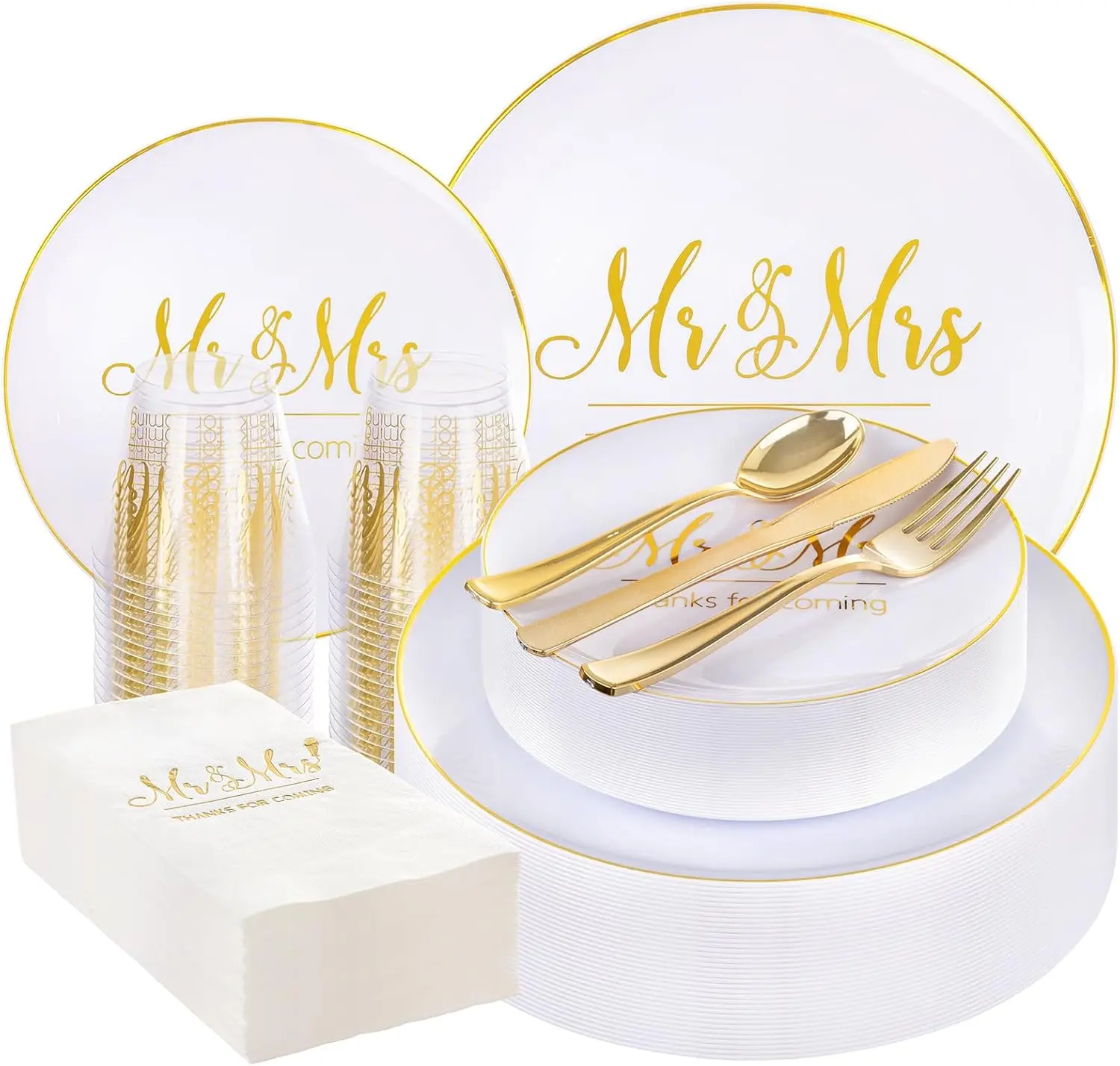 I00000 Mr and Mrs Wedding Plastic Plates and Napkins Set,Bridal Shower Plates Set for 25 Guests Include 25 Dinner Platos,25 Dessert Platos,25 Cups,25 Napkins,25 Gold Cutlery for Engagement Party Decor, Disposable, Sturdy, Utensil