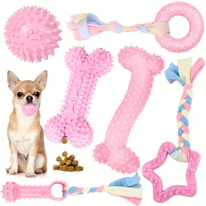 Pet Chew Toy Set, 6 Counts/set Cute Dog Teething Toy, Soft Rubber Rope Dog Toy, Funny Bone Ball Cleaning Teeth Dog Chew Toy, Puppy Teething Toy