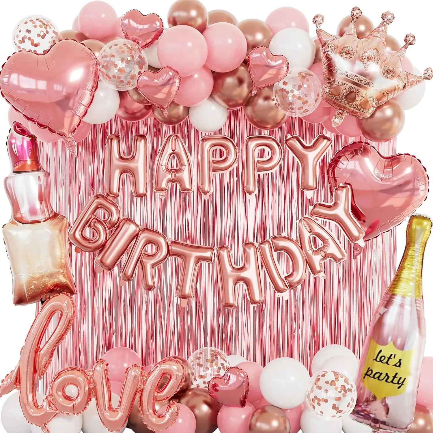 Piece Rose Gold Birthday Decorations for Women 96pcs, Pink Balloons birthday decorations with Happy Birthday Banner, Rose Gold Foil Fringe Curtains for Valentines Wedding Romantic Party Decor