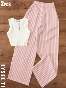 Women's Round Neck Sleeveless Vest Set, Light Striped High Waist Wide Leg Pants, Slimming Commuter, Casual Party Wear, Womenswear, Casual Outfit Set