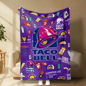 Taco Bell Themed Flannel Blanket, Bold Graphics, Tacos Drinks Sauce Packs, Cozy Sofa Lounging, Bedroom Naps Office Use Movie Nights
