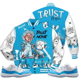11 Low University Blue Varsity Jacket, Low University Blue 11s Outfits, Scary Trust No One Unisex T-Shirts To Matching Sneakers