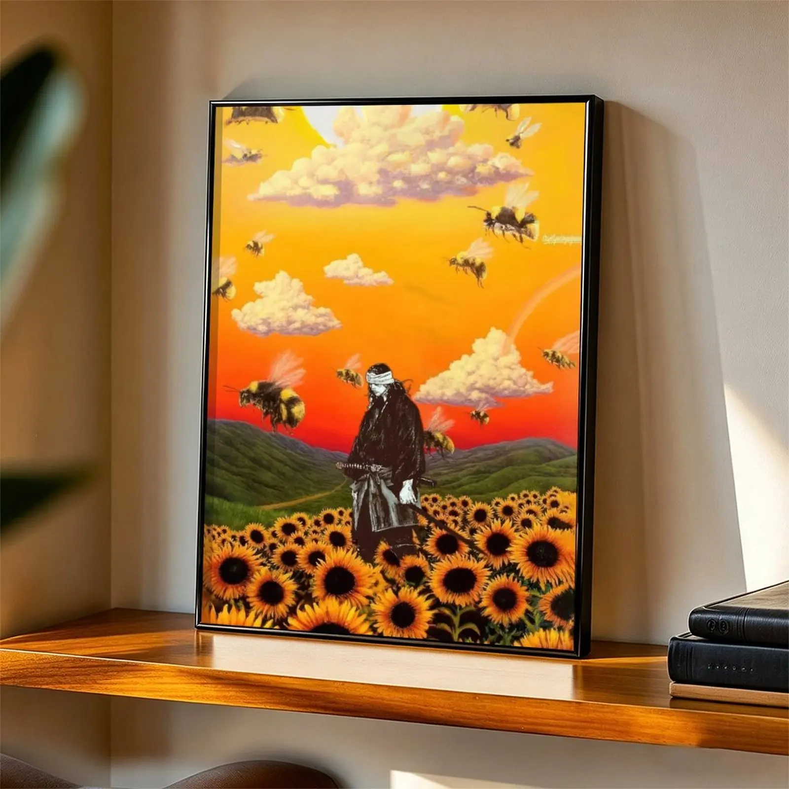 Japanese Samurai Artistic Poster - Blindfolded Ronin in Sunflower Field Wall Art for Bedroom, Dorm Home Decor, Sunflowers