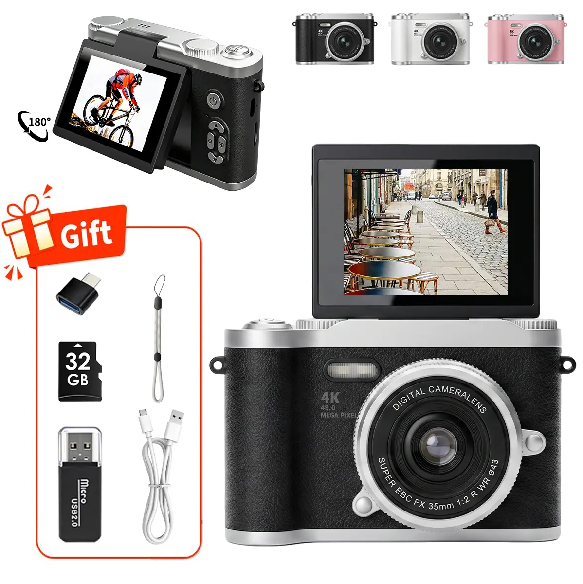 Vintage CCD Sensor Compact Portable Digital Camera Device for Teens - Flip Screen, Pocket Size, Filters, Digital Zoom, Entry-Level, 32GB SD Card, Card Reader, Adapter, Perfect Gift Set