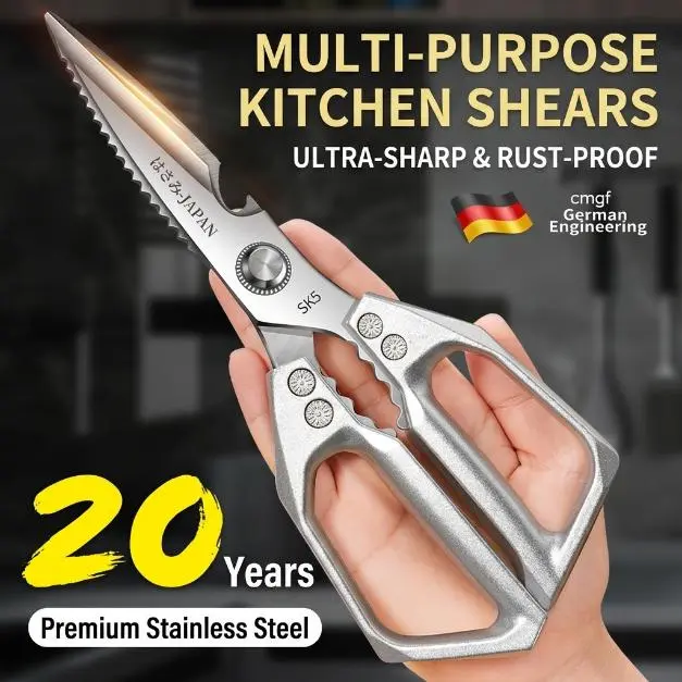 Kitchen Scissors All Purpose - Stainless Steel Kitchen Shear, Sharp Silver Meat Scissors Dishwasher Safe, Heavy Duty Poultry Shears, Japanese Cooking Scissor for Food