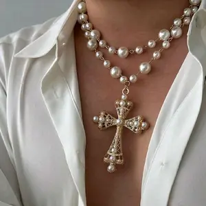 Elegant Women's Necklace Set with Baroque Cross Pendant & Fake Copper Pearls Perfect for Daily Wear Parties and Gatherings