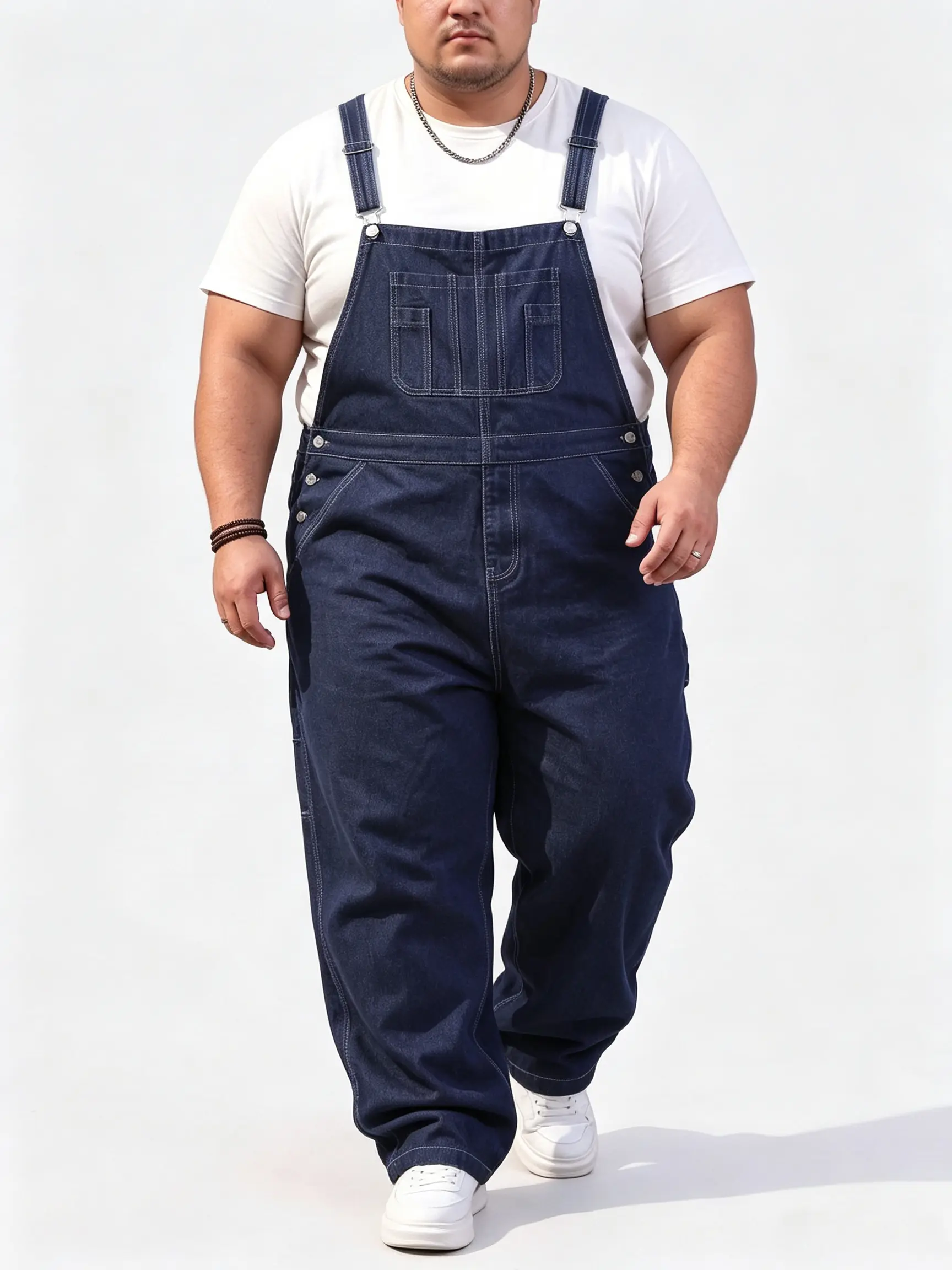 Men's Plain Dark Wash Denim Baggy Bib Overalls - Casual Oversize Coverall with Adjustable Straps, Multiple Pockets, Cotton Fabric, All Seasons Wear, Below the Ankle Fit, Cold Wash Safe for Work