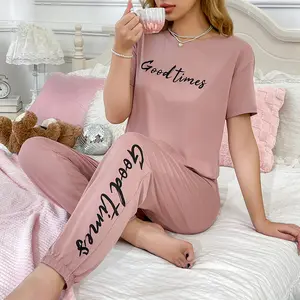 Women's Print Loungewear Set, Casual Short Sleeve T-shirt & Jogger Pants 2 Piece Pajamas, Soft Comfy Sleepwear for Home, Lounge & Daily Wear