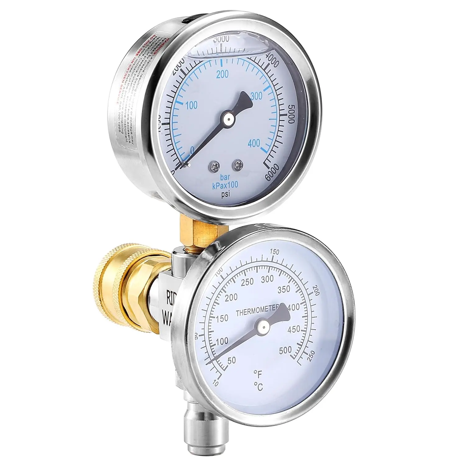 RIDGE WASHER Stainless Steel 2-in-1 Pressure Washer Temperature Gauge, 6000 PSI Max, 3/8 in Quick Connect, Ideal for High-Pressure Jobs